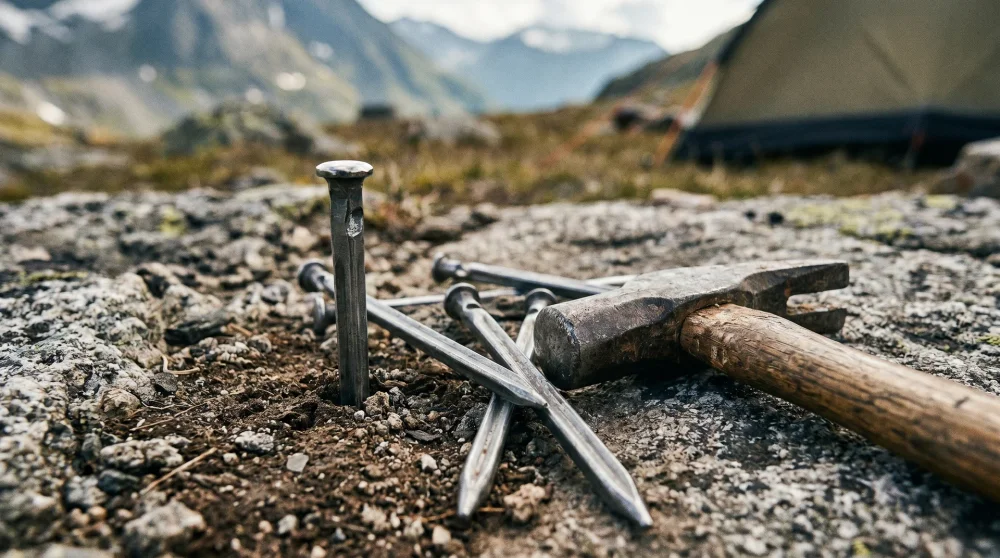 Sert toprak zemine çakılmış çelik çadır kazıkları ve kamp çekici