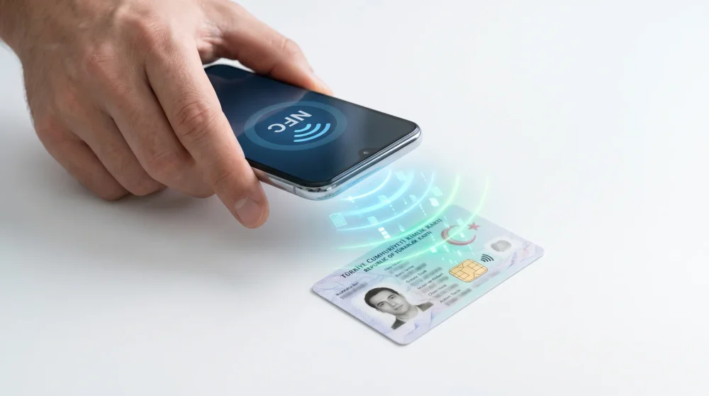 Akıllı telefonun NFC özelliği kullanılarak çipli kimlik kartının dijital olarak okutulma anı