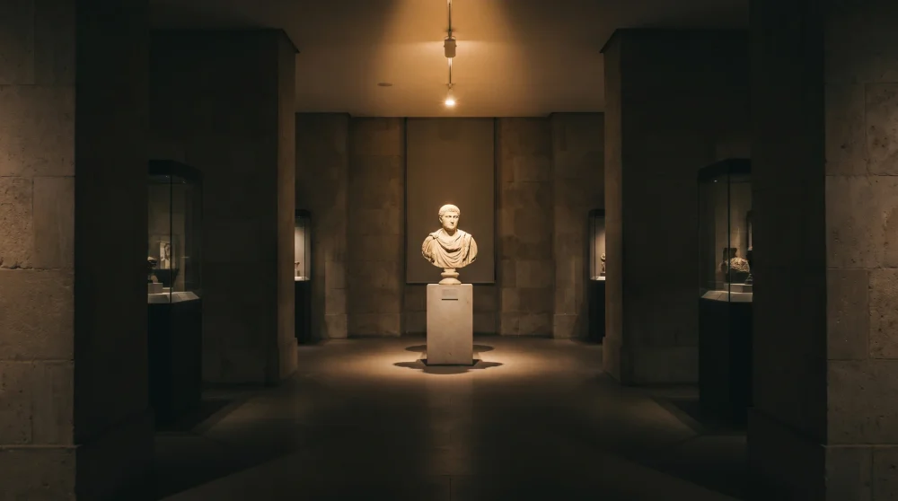 Karanlık bir müze salonunda spot ışığı altında sergilenen antik mermer büst