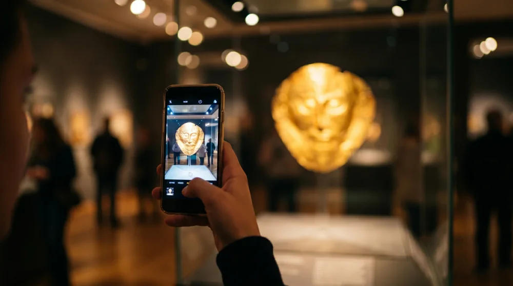 Müze içerisinde bir eserin cep telefonuyla fotoğrafını çeken ziyaretçi