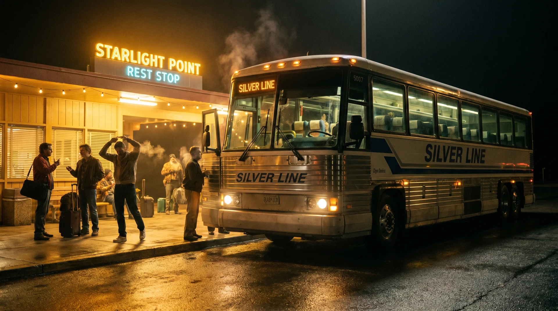 Gece saatlerinde aydınlık bir dinlenme tesisinde duran yolcu otobüsü ve yürüyüş yapan insanlar