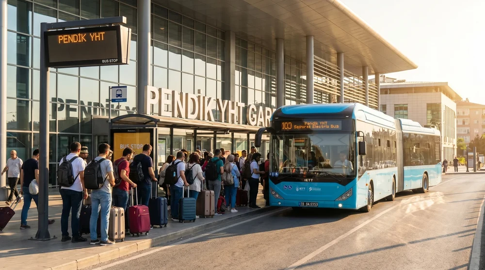 Pendik YHT Garı önünde İETT otobüsü ve bagajlı yolcular otobüs durağında bekliyor