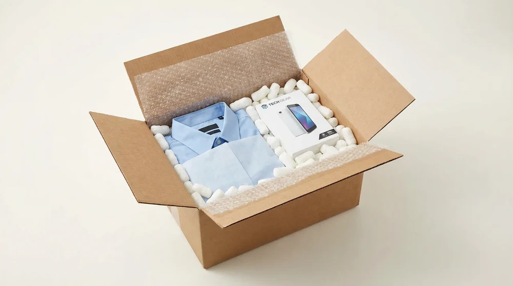 Amerika'dan sipariş edilen giyim ve elektronik ürünlerin açık karton kutuda görünümü