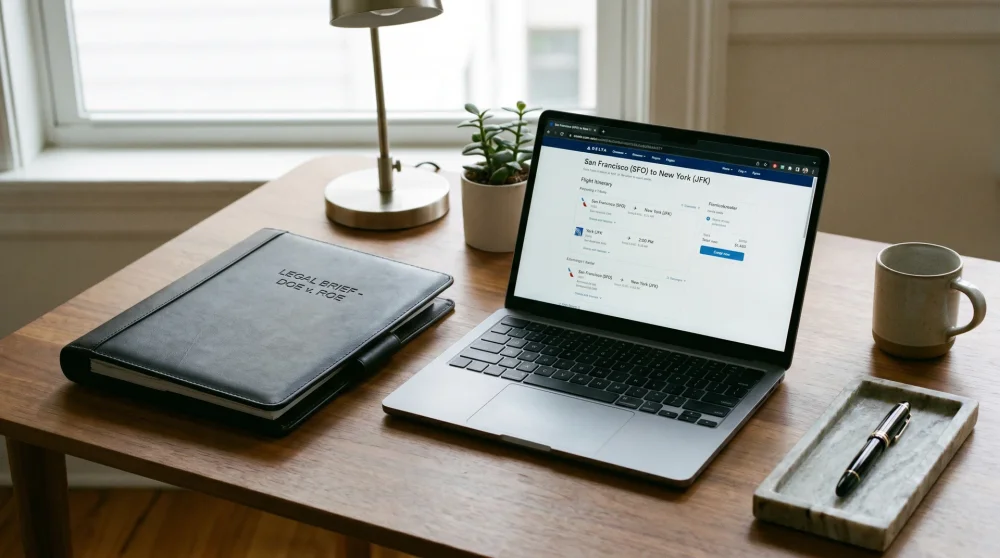 Vize başvurusu için hazırlanan evrak dosyası, kalem ve laptop üzerinde uçuş planı