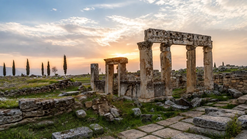 Hierapolis'te gün batımında servi ağaçları ve portik kalıntıları