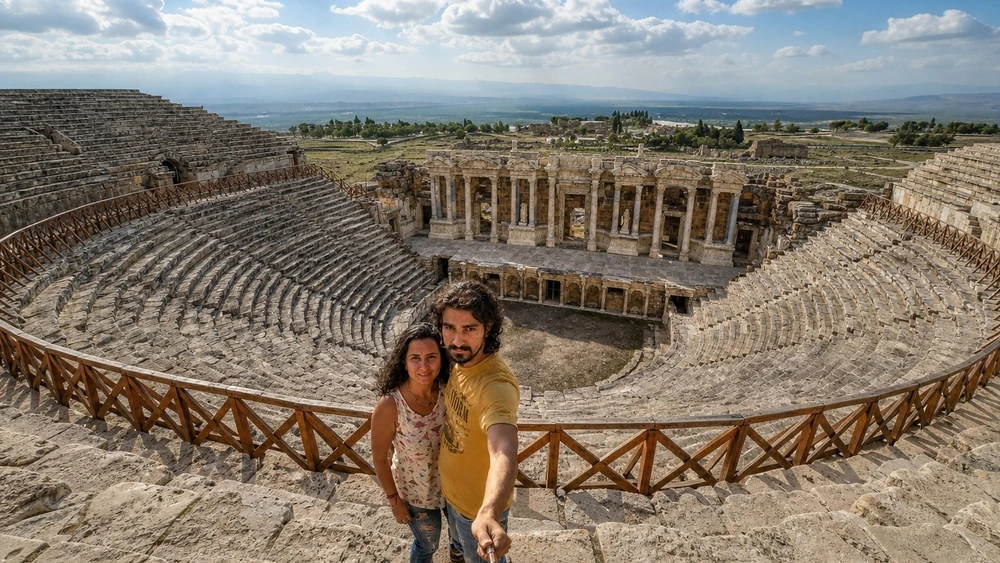 Hierapolis antik tiyatrosunun sahne binası ve yarım daire oturma sıraları