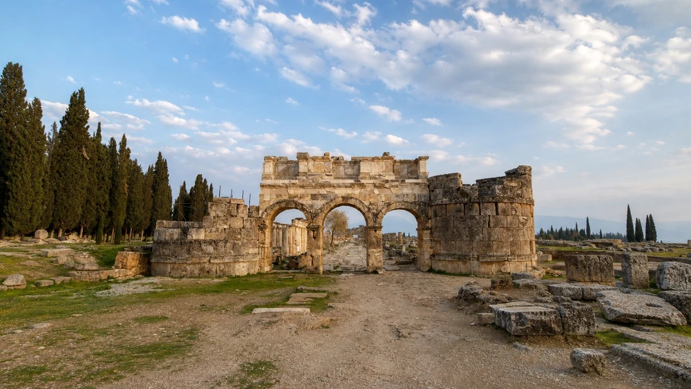 Hierapolis antik kentinin kuzey ucundaki Frontinus Kapısı ve sütunlu antik cadde
