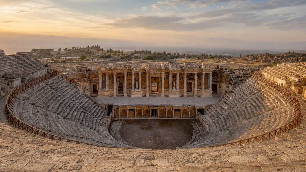 Hierapolis Antik Tiyatrosu'nda gün batımı manzarası