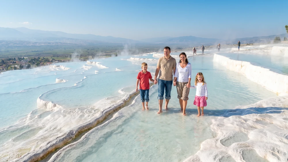 Pamukkale travertenlerinde çıplak ayakla yürüyen çocuklu bir aile
