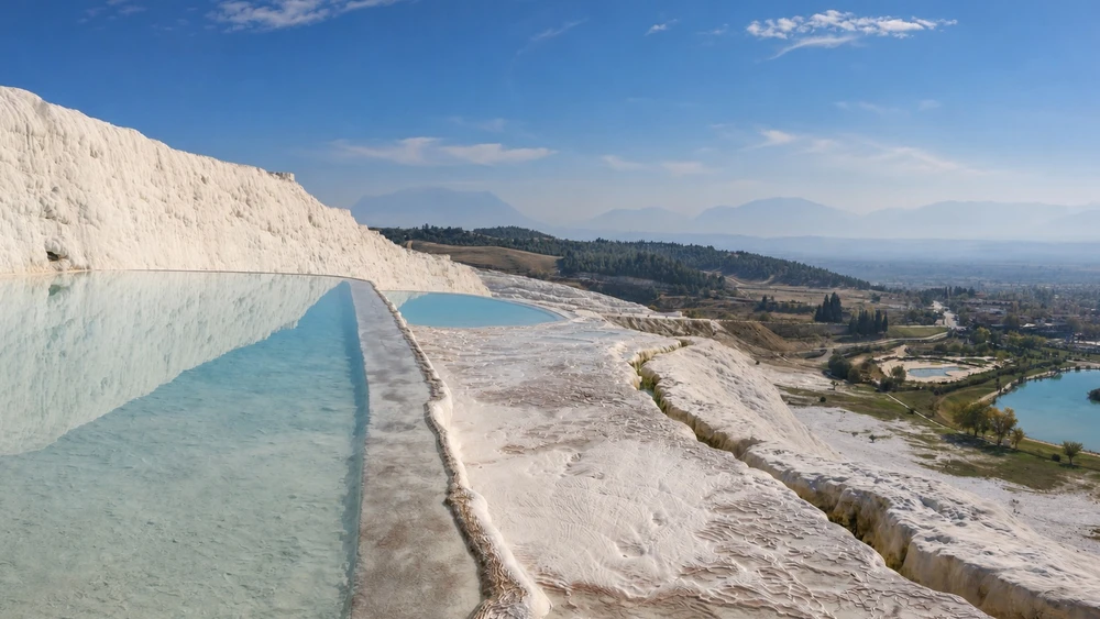 Pamukkale traverten havuzundan Denizli kasabası ve göl manzarası