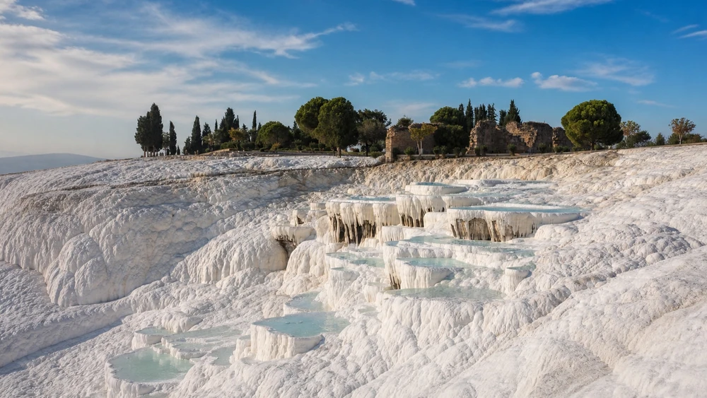 Pamukkale travertenleri ve Hierapolis antik kalıntıları servi ağaçları arasında