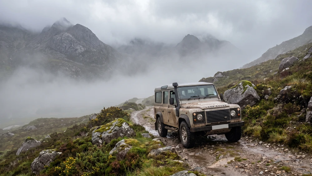 Sisli dağ yolunda ilerleyen bir 4x4 arazi aracı
