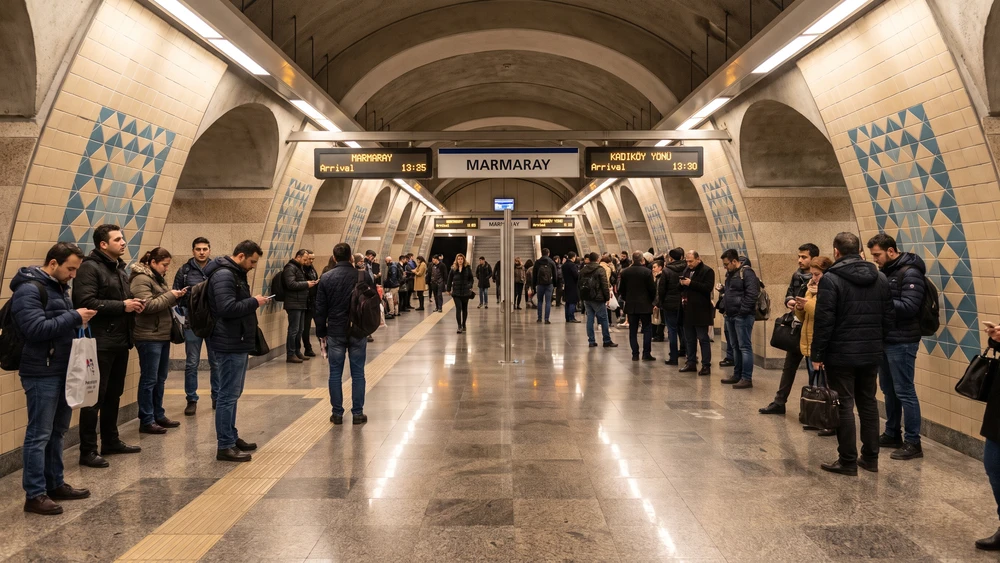 İstanbul Marmaray yeraltı istasyonu peronunda bekleyen yolcular