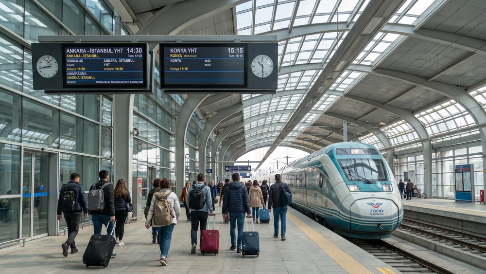 TCDD YHT istasyonunda sefer saatlerini gösteren dijital tabela ve yolcular