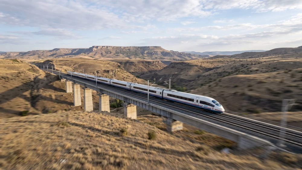 Orta Anadolu platosunda viyadükten geçen YHT yüksek hızlı treni