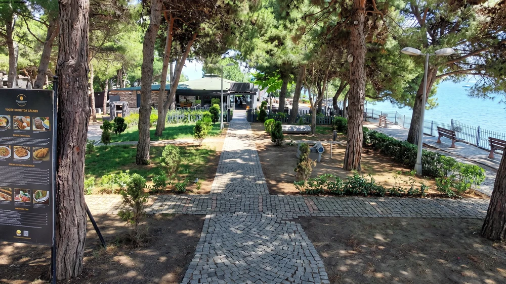 Bayraktepe Denize Sevgi Parkı'nın ağaçlı yürüyüş yolu ve kıyı görünümü